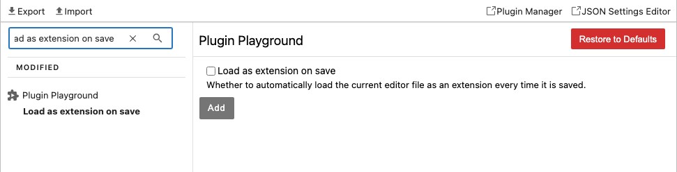 Plugin Playground settings showing load-on-save