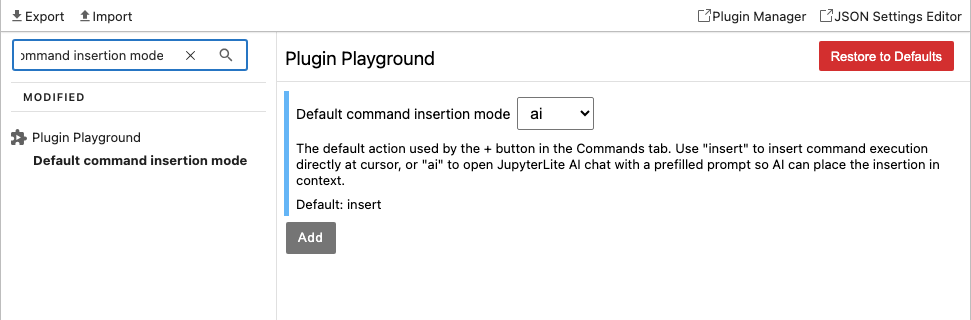 Plugin Playground settings showing command insert default mode
