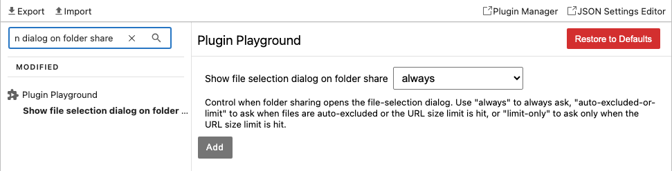 Plugin Playground settings showing folder-share dialog mode